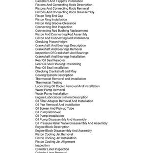 May include: A list of automotive repair procedures, including crankshaft pulley removal, oil seal installation, and piston inspection. The text is in a sans-serif font on a white background.