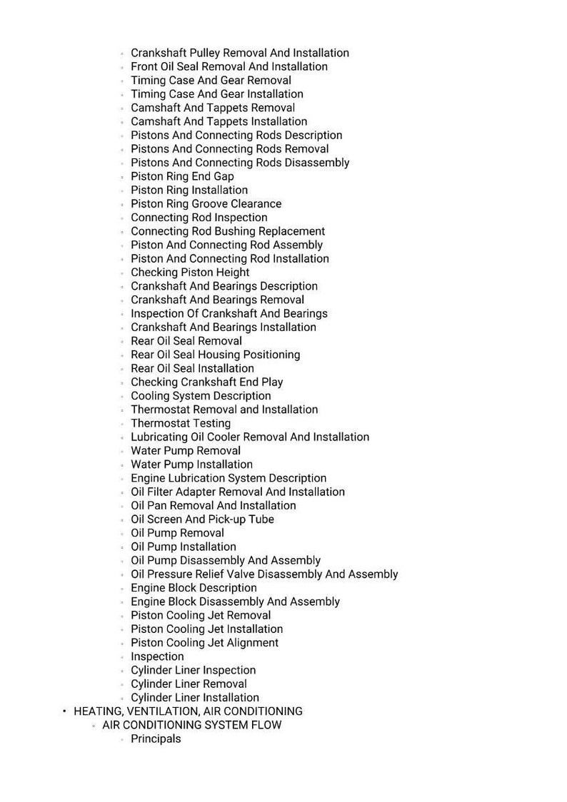 May include: A list of automotive repair procedures, including crankshaft pulley removal, oil seal installation, and piston inspection. The text is in a sans-serif font on a white background.