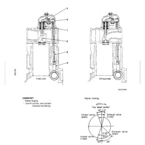 May include: Technical diagram of an engine's internal components, including the intake and exhaust sides, with labels and measurements. The diagram also includes a camshaft and valve timing illustration.