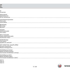 Peut inclure: Une page de manuel avec une table des mati&egrave;res en allemand, anglais et fran&ccedil;ais. La table r&eacute;pertorie diverses pi&egrave;ces et &eacute;l&eacute;ments de service, y compris les composants du moteur et les syst&egrave;mes de carburant. Le logo Weidemann est visible.
