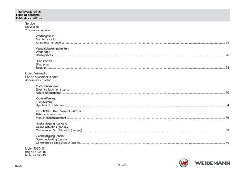 Peut inclure: Une page de manuel avec une table des mati&egrave;res en allemand, anglais et fran&ccedil;ais. La table r&eacute;pertorie diverses pi&egrave;ces et &eacute;l&eacute;ments de service, y compris les composants du moteur et les syst&egrave;mes de carburant. Le logo Weidemann est visible.