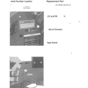 May include: Black and white image of a machine component with text. The image shows a close-up of a machine part with a warning label and a serial number location. The text includes "WARNING" and "NOTICE".