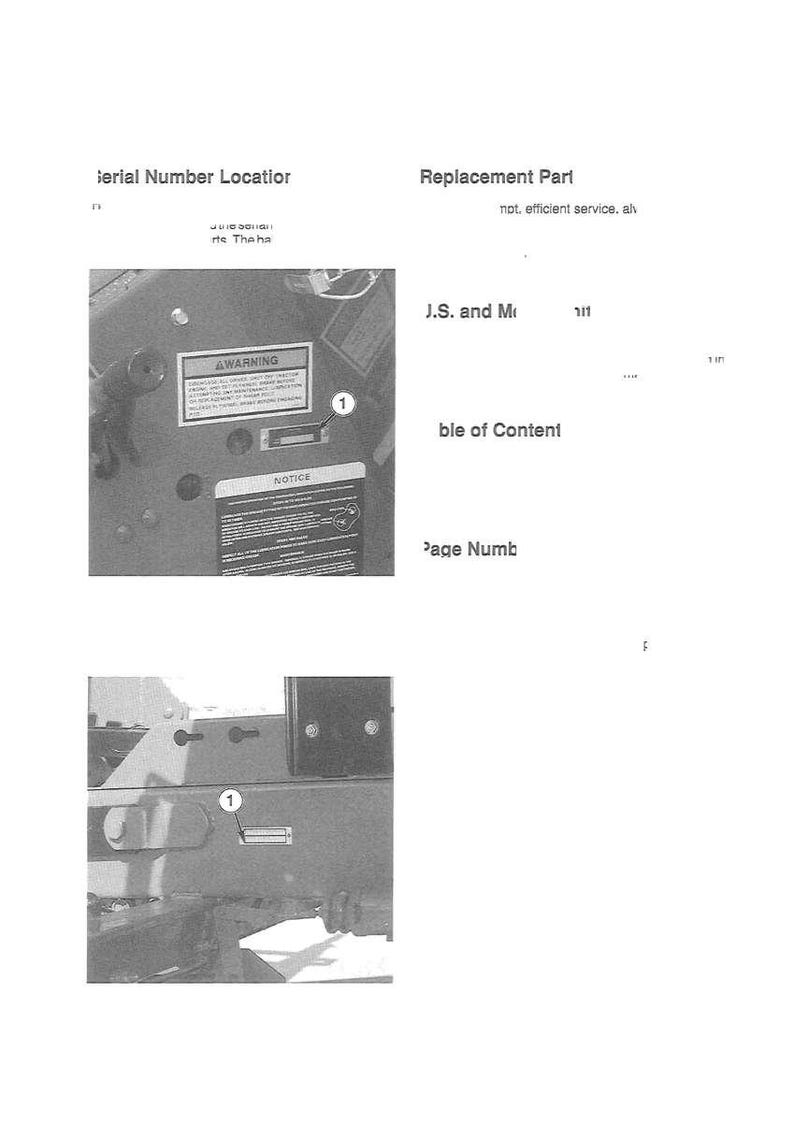 May include: Black and white image of a machine component with text. The image shows a close-up of a machine part with a warning label and a serial number location. The text includes "WARNING" and "NOTICE".