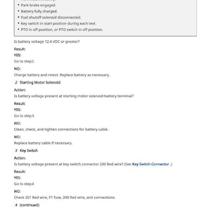 May include: A white document with black text detailing test conditions and troubleshooting steps for a machine. The text includes instructions for checking battery voltage, starting motor solenoid, and key switch.
