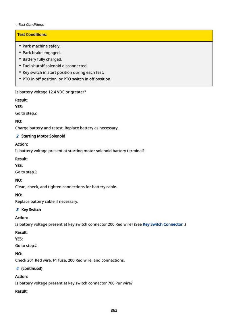 May include: A white document with black text detailing test conditions and troubleshooting steps for a machine. The text includes instructions for checking battery voltage, starting motor solenoid, and key switch.