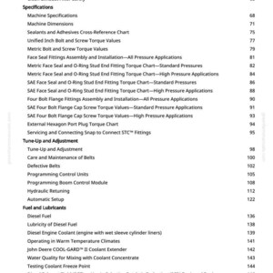 K&ouml;nnte beinhalten: Ein detailliertes Inhaltsverzeichnis aus einem Handbuch mit verschiedenen technischen Themen. Abschnitte umfassen Spezifikationen, Maschinenabmessungen, Drehmomentwerte und Kraftstoffinformationen. Die Seitenzahlen sind sichtbar.