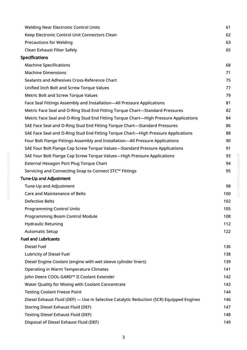 K&ouml;nnte beinhalten: Ein detailliertes Inhaltsverzeichnis aus einem Handbuch mit verschiedenen technischen Themen. Abschnitte umfassen Spezifikationen, Maschinenabmessungen, Drehmomentwerte und Kraftstoffinformationen. Die Seitenzahlen sind sichtbar.