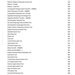 K&ouml;nnte beinhalten: Eine Seite aus einem Handbuch mit einer Liste von Kfz-Tests und -Einstellungen, einschlie&szlig;lich Batterie-, Motor- und Elektrosystempr&uuml;fungen. Der Text ist schwarz auf wei&szlig;em Hintergrund, mit Seitenzahlen rechts.