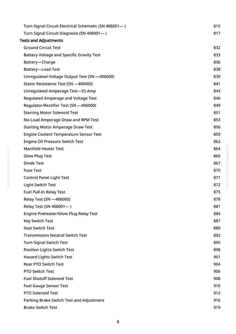 K&ouml;nnte beinhalten: Eine Seite aus einem Handbuch mit einer Liste von Kfz-Tests und -Einstellungen, einschlie&szlig;lich Batterie-, Motor- und Elektrosystempr&uuml;fungen. Der Text ist schwarz auf wei&szlig;em Hintergrund, mit Seitenzahlen rechts.