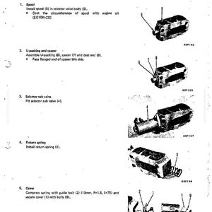 May include: Diagram of the disassembly and assembly of a ripper selector main valve. The image shows various components, including a spool, U-packing, spacer, selector sub valve, return spring, and cover. Text labels and part numbers are included for each component.