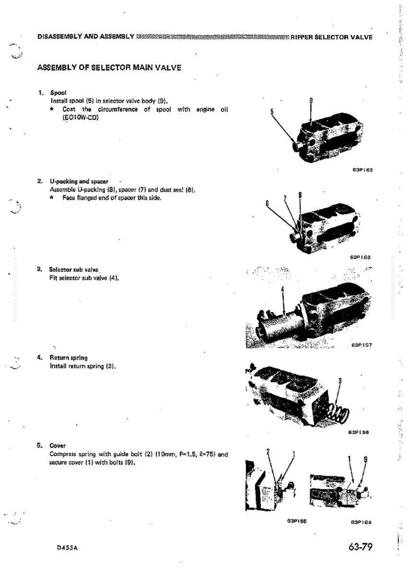May include: Diagram of the disassembly and assembly of a ripper selector main valve. The image shows various components, including a spool, U-packing, spacer, selector sub valve, return spring, and cover. Text labels and part numbers are included for each component.