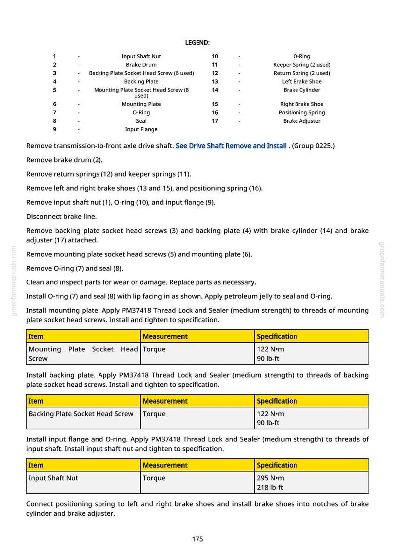 Puede incluir: Un diagrama t&eacute;cnico de greenfarmmanuals.com, que detalla los componentes del sistema de frenos de un autom&oacute;vil. Incluye una leyenda con nombres de piezas y especificaciones de par en lb-ft y N-m. N&uacute;mero de p&aacute;gina 175.