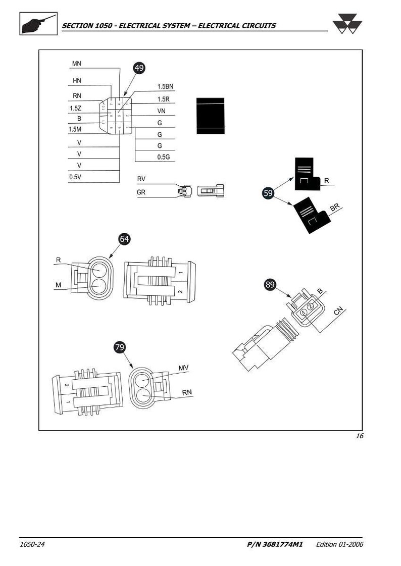 Op de afbeelding: Schema van een elektrisch systeem met diverse componenten, waaronder connectoren, bedrading en labels. Het schema bevat tekst zoals "SECTION 1050 - ELECTRICAL SYSTEM - ELECTRICAL CIRCUITS" en "P/N 3681774M1 Edition 01-2006".
