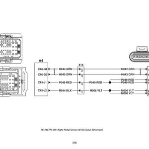 May include: A detailed circuit schematic for a right pedal sensor, labeled TX1216771. The diagram includes connectors X45, X46, and B12, with various wire connections and labels such as H044 GRN, P049 RED, and M006 VLT.