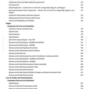 May include: A white-background page from a manual with a detailed table of contents. The text lists various engine-related topics, including diesel exhaust fluid, engine oil, and component removal procedures. Page numbers are listed on the right.