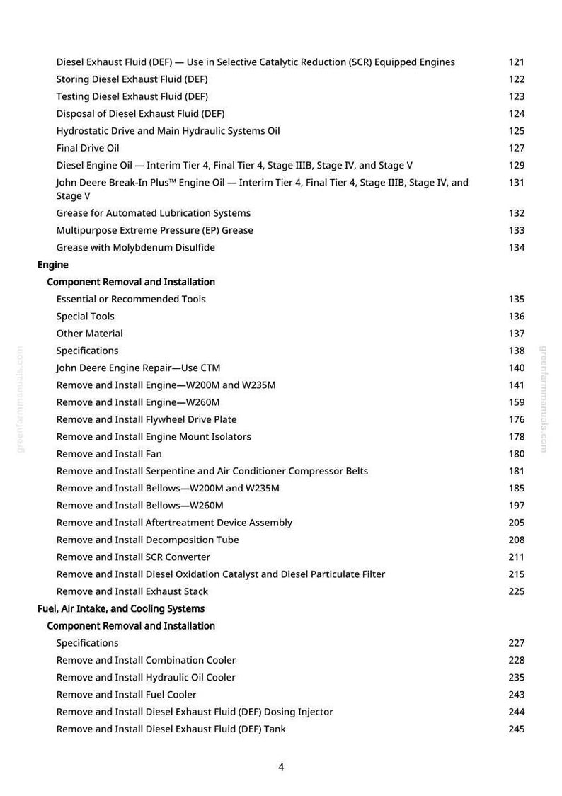 May include: A white-background page from a manual with a detailed table of contents. The text lists various engine-related topics, including diesel exhaust fluid, engine oil, and component removal procedures. Page numbers are listed on the right.