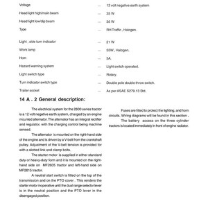 May include: A page from a tractor service manual detailing electrical system specifications. The text includes voltage, light types, and general descriptions of components like the alternator and starter motor. The manual is for MF 2605/2615 tractors.