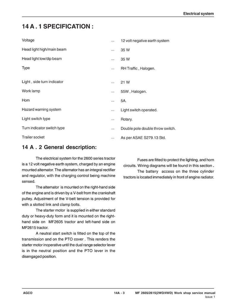 May include: A page from a tractor service manual detailing electrical system specifications. The text includes voltage, light types, and general descriptions of components like the alternator and starter motor. The manual is for MF 2605/2615 tractors.