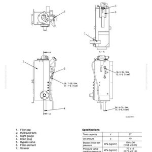 May include: Diagram of a hydraulic tank with multiple views and labels. Includes specifications for tank capacity, oil amount, and pressure settings. The text "Hydraulic tank" is at the top.