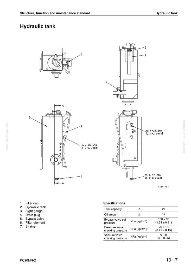 May include: Diagram of a hydraulic tank with multiple views and labels. Includes specifications for tank capacity, oil amount, and pressure settings. The text "Hydraulic tank" is at the top.