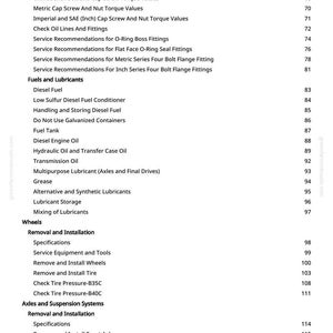 Puede incluir: Una p&aacute;gina de manual con un &iacute;ndice detallado. Las secciones incluyen "Especificaciones de par de hardware", "Combustibles y lubricantes" y "Ruedas". Los n&uacute;meros de p&aacute;gina se enumeran a la derecha.