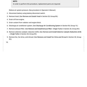 May include: A page from a manual titled "Remove and Install Engine&mdash;Single Turbo." The text includes a list of numbered steps, such as disconnecting the battery, removing the hood, and draining oil. The page also includes a note about required replacement parts.