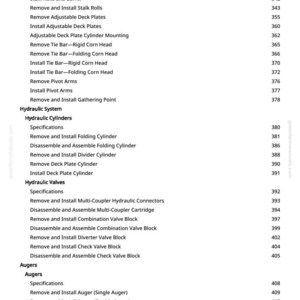 May include: A manual page detailing agricultural machinery maintenance tasks. The list includes procedures for hydraulic systems, augers, and other components. Text is black on white.