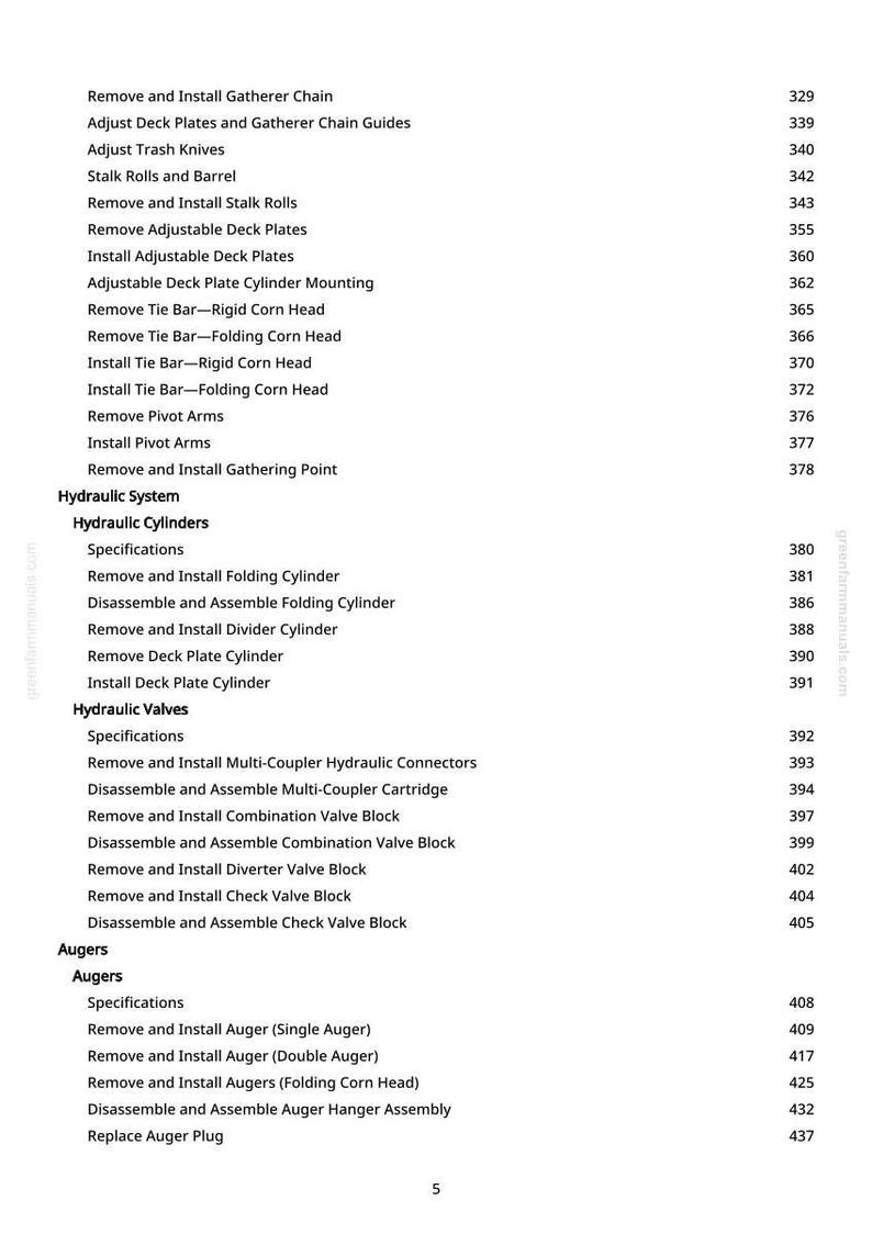 May include: A manual page detailing agricultural machinery maintenance tasks. The list includes procedures for hydraulic systems, augers, and other components. Text is black on white.