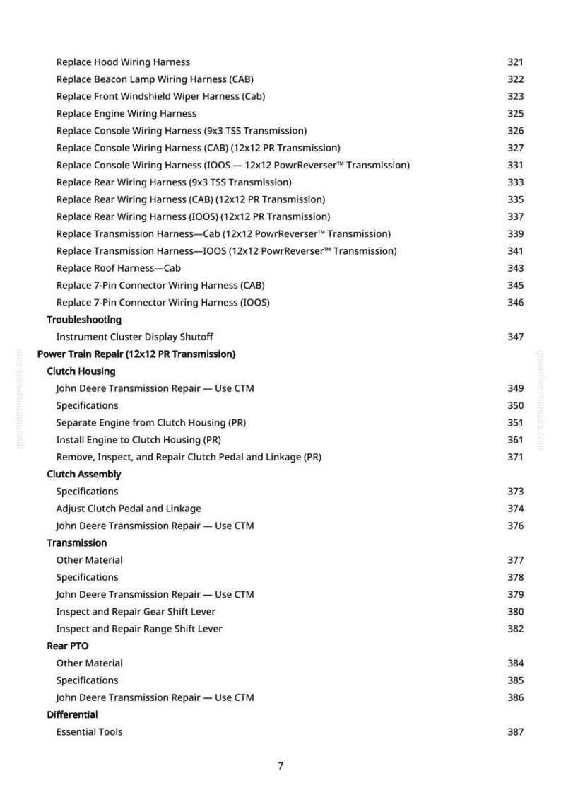 May include: A page from a manual with a list of automotive repair procedures, including wiring harness replacements, clutch housing, and transmission repair. The text is black on a white background.