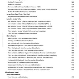 May include: A page from a manual with a table of contents for tractor repair. The text includes topics like "Rockshaft," "Hydraulic Lines," and "Wheel Removal and Installation." The page number is visible in the top right corner.