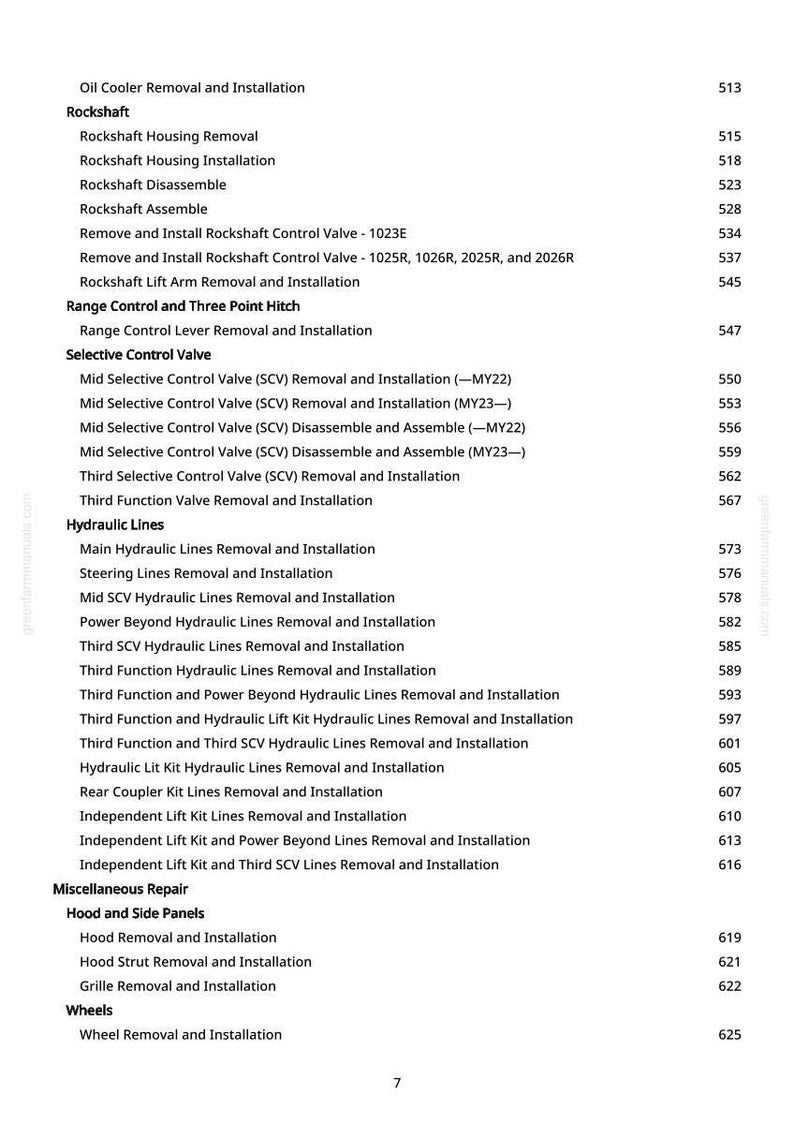 May include: A page from a manual with a table of contents for tractor repair. The text includes topics like "Rockshaft," "Hydraulic Lines," and "Wheel Removal and Installation." The page number is visible in the top right corner.