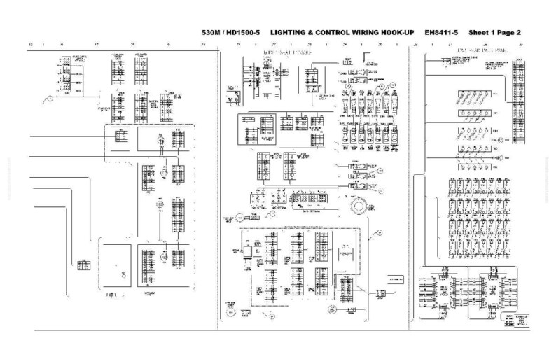 May include: A detailed black and white schematic diagram labeled "LIGHTING & CONTROL WIRING HOOK-UP" with the text "530M / HD1500-5" and "EH8411-5 Sheet 1 Page 2". The diagram includes various electrical symbols and wiring configurations.