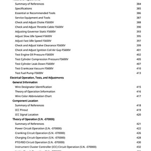 May include: A page from a manual with a table of contents. The text includes topics like "Tests and Adjustments", "Electrical Operation", and "General Information". Page numbers are listed on the right.