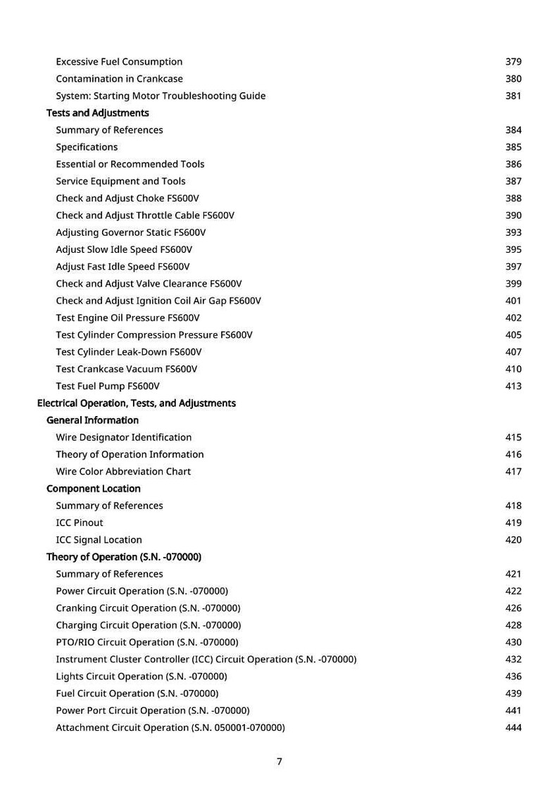 May include: A page from a manual with a table of contents. The text includes topics like "Tests and Adjustments", "Electrical Operation", and "General Information". Page numbers are listed on the right.
