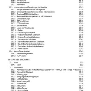 May include: A page from a manual with a table of contents and a list of technical items. The text is in German and includes sections on machine operation, alarms, and engine components. The page number is on the bottom left.
