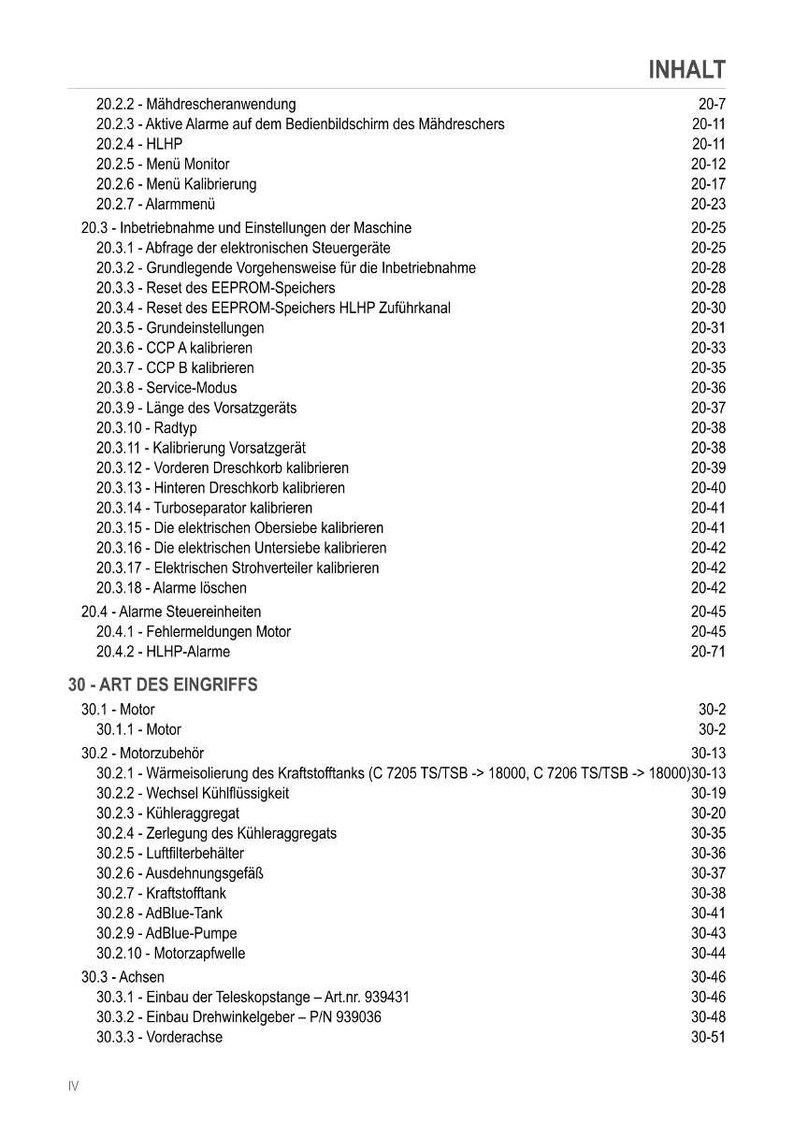 May include: A page from a manual with a table of contents and a list of technical items. The text is in German and includes sections on machine operation, alarms, and engine components. The page number is on the bottom left.