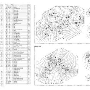 K&ouml;nnte beinhalten: Eine technische Zeichnung in Schwarzwei&szlig;, m&ouml;glicherweise aus dem Bereich Architektur oder Ingenieurwesen. Das Bild zeigt links eine gro&szlig;e Datentabelle und rechts mehrere komplexe Diagramme mit Linien und Formen. Der Stil ist pr&auml;zise und detailliert.