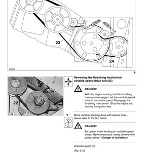 Peut inclure: Sch&eacute;ma technique des courroies d'entra&icirc;nement droites, avec des poulies et des courroies num&eacute;rot&eacute;es 22, 23 et 24. Le texte comprend des avertissements de s&eacute;curit&eacute; et des instructions.