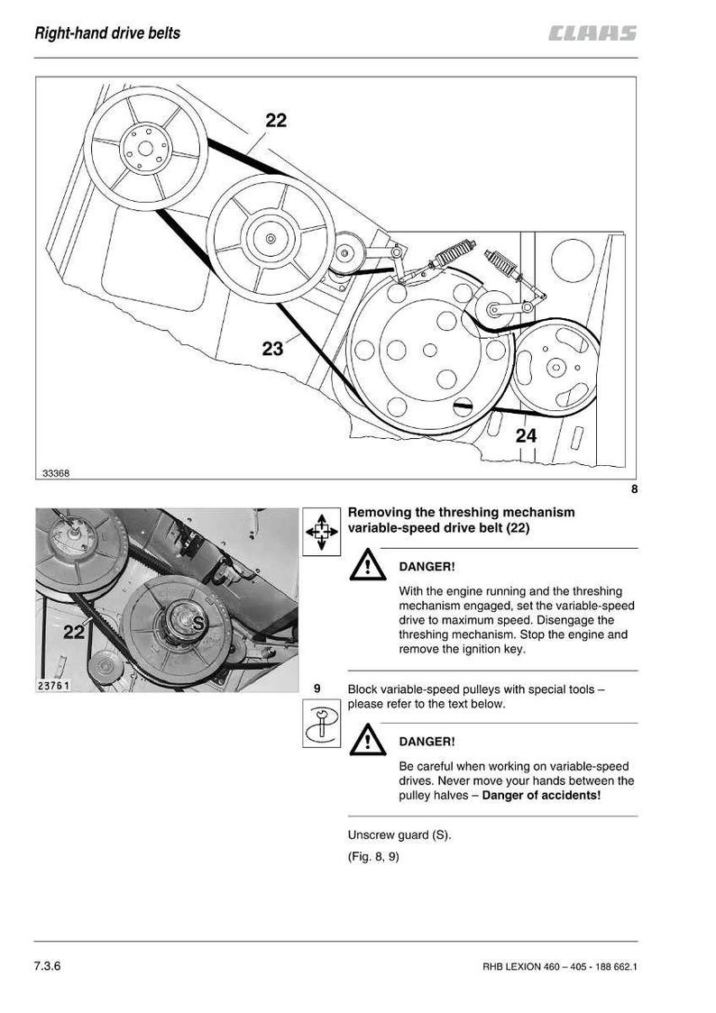 Peut inclure: Sch&eacute;ma technique des courroies d'entra&icirc;nement droites, avec des poulies et des courroies num&eacute;rot&eacute;es 22, 23 et 24. Le texte comprend des avertissements de s&eacute;curit&eacute; et des instructions.