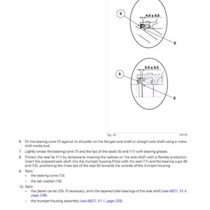 Puede incluir: Diagrama t&eacute;cnico de un manual Massey Ferguson que detalla el desmontaje y montaje del eje trasero. Incluye ilustraciones de la colocaci&oacute;n de los sellos, con medidas de 4,0 mm y 5,5 mm. Texto con n&uacute;meros de pieza e instrucciones.