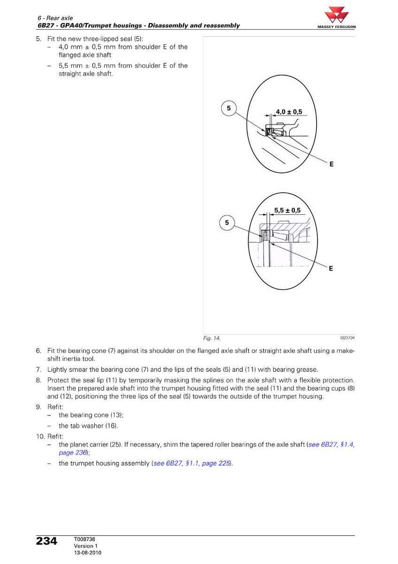 Puede incluir: Diagrama t&eacute;cnico de un manual Massey Ferguson que detalla el desmontaje y montaje del eje trasero. Incluye ilustraciones de la colocaci&oacute;n de los sellos, con medidas de 4,0 mm y 5,5 mm. Texto con n&uacute;meros de pieza e instrucciones.