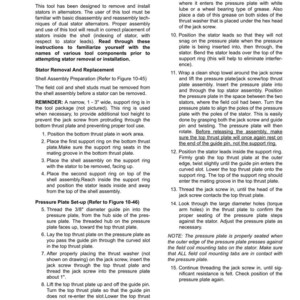 以下が含まれることがあります： 「BF4822 STATOR SERVICE TOOL INSTRUCTIONS」と題されたマニュアルのページ。オルタネーターのステーターの取り外しと取り付けの手順について説明しており、図と安全上の注意が含まれています。白地に黒い文字で書かれています。