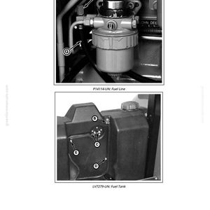 May include: Black and white diagram of a fuel line and fuel tank. The fuel line diagram shows a filter and various connections labeled F and G. The fuel tank diagram shows multiple ports labeled B, C, D, and E. Text includes "P14114-UN: Fuel Line" and "LV7279-UN: Fuel Tank".
