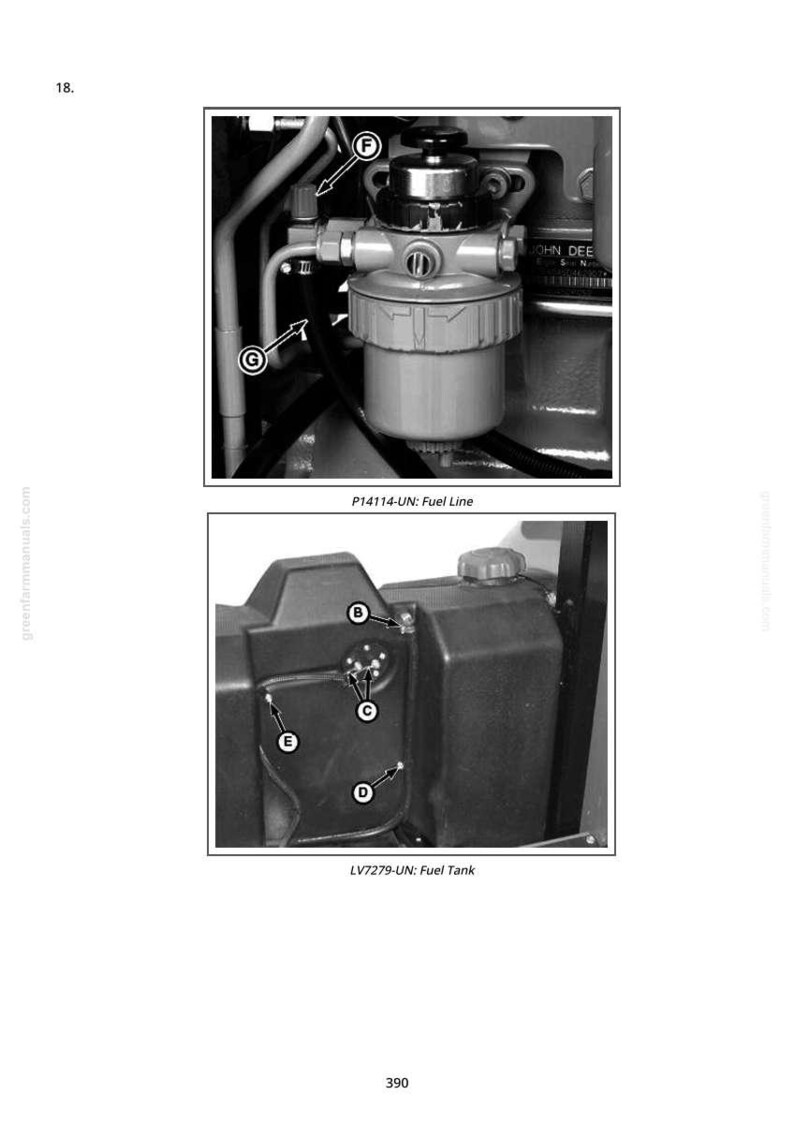 May include: Black and white diagram of a fuel line and fuel tank. The fuel line diagram shows a filter and various connections labeled F and G. The fuel tank diagram shows multiple ports labeled B, C, D, and E. Text includes "P14114-UN: Fuel Line" and "LV7279-UN: Fuel Tank".