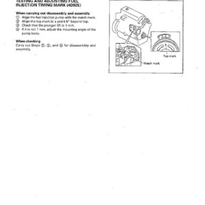 Puede incluir: Diagrama de ajuste del tiempo de inyecci&oacute;n de combustible, con instrucciones de texto e ilustraciones. Incluye etiquetas como "Match mark" y "Top mark". El texto detalla los pasos para el desmontaje y montaje, con medidas en mm.