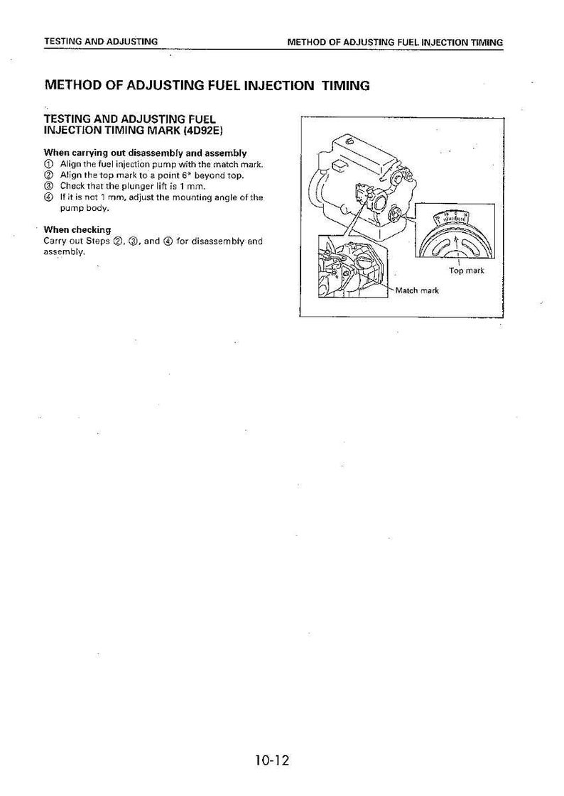Puede incluir: Diagrama de ajuste del tiempo de inyecci&oacute;n de combustible, con instrucciones de texto e ilustraciones. Incluye etiquetas como "Match mark" y "Top mark". El texto detalla los pasos para el desmontaje y montaje, con medidas en mm.