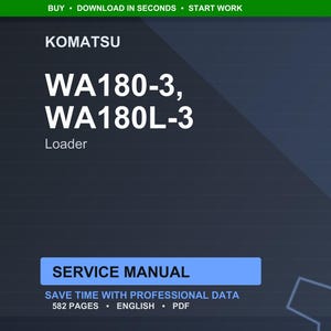 Może przedstawiać: Cyfrowa instrukcja serwisowa dla ładowarek Komatsu WA180-3 i WA180L-3. Okładka jest ciemnoniebieska z białym tekstem, w tym "KOMATSU", "WA180-3, WA180L-3" i "Loader". Instrukcja ma 582 strony i jest w języku angielskim.