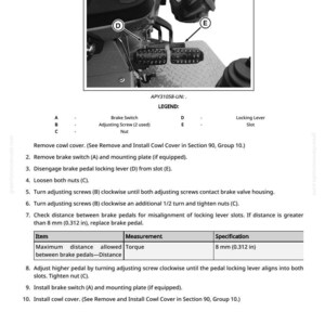 May include: Diagram of tractor brake pedal assembly with labels and instructions. Includes a close-up of the pedals, brake switch, adjusting screws, and locking lever. Text details measurements and specifications.