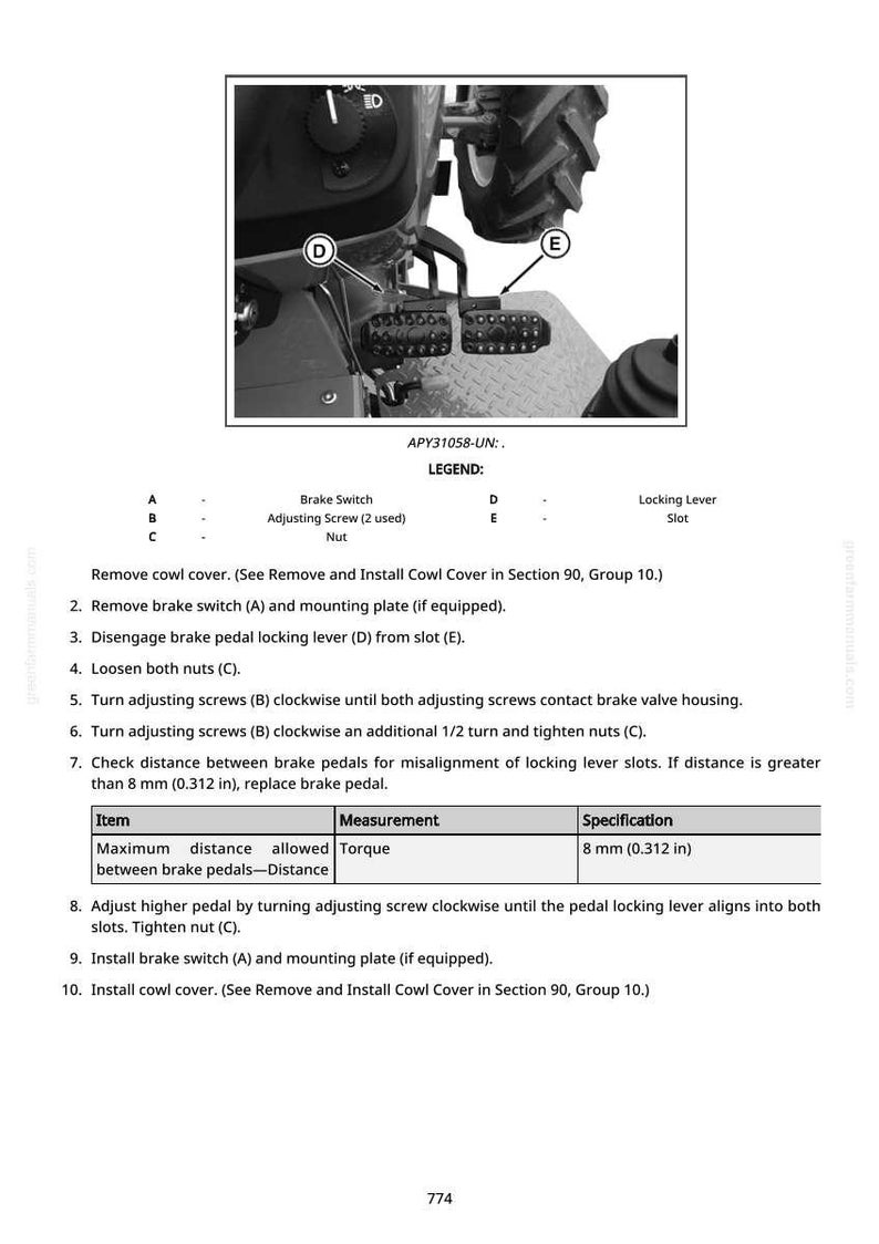 May include: Diagram of tractor brake pedal assembly with labels and instructions. Includes a close-up of the pedals, brake switch, adjusting screws, and locking lever. Text details measurements and specifications.
