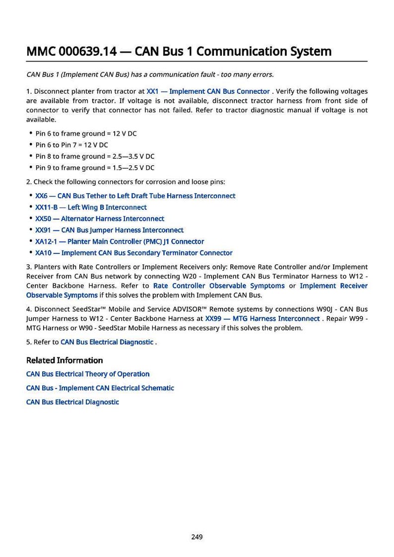 Op de afbeelding: Een technisch document getiteld "MMC 000639.14 - CAN Bus 1 Communicatiesysteem." Het document geeft instructies voor het diagnosticeren en oplossen van communicatiefouten in een CAN Bus-systeem, inclusief spanningscontroles en connectorinspecties.